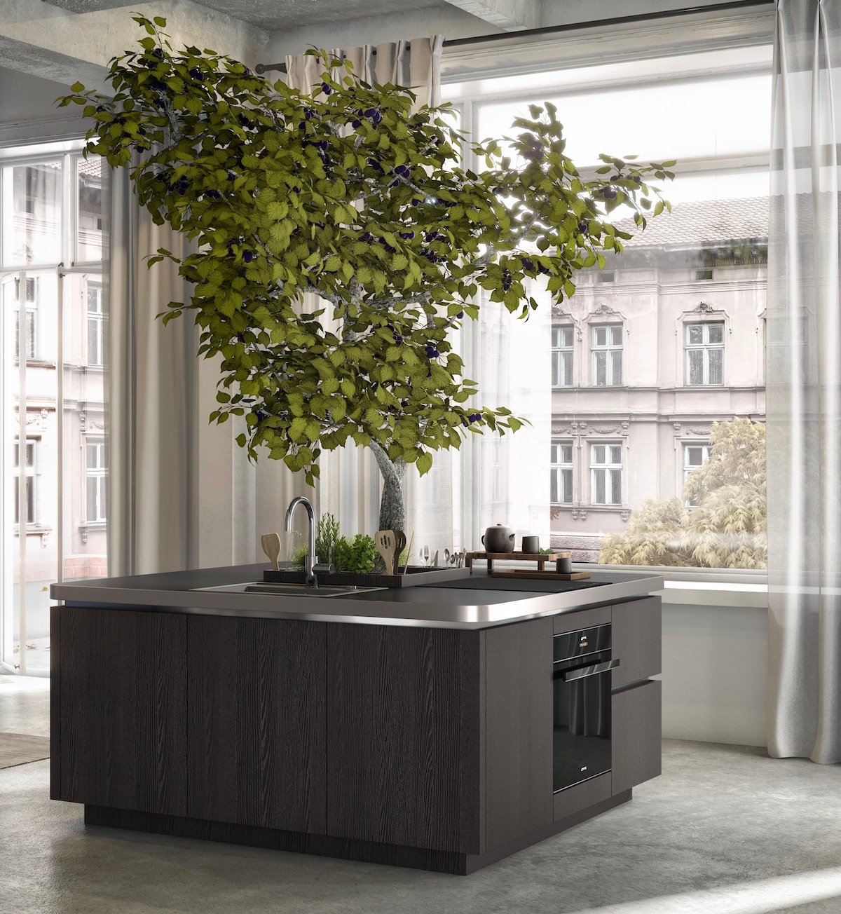 cuisine avec îlot central arbre potager intérieur design - blog déco - clem around the corner