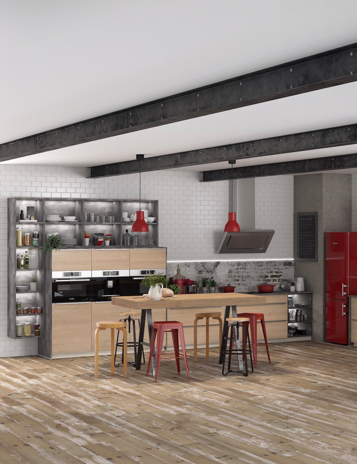 kitchenette rouge jaune bois gris anthracite façon industrielle décoration - clemaroundthecorner