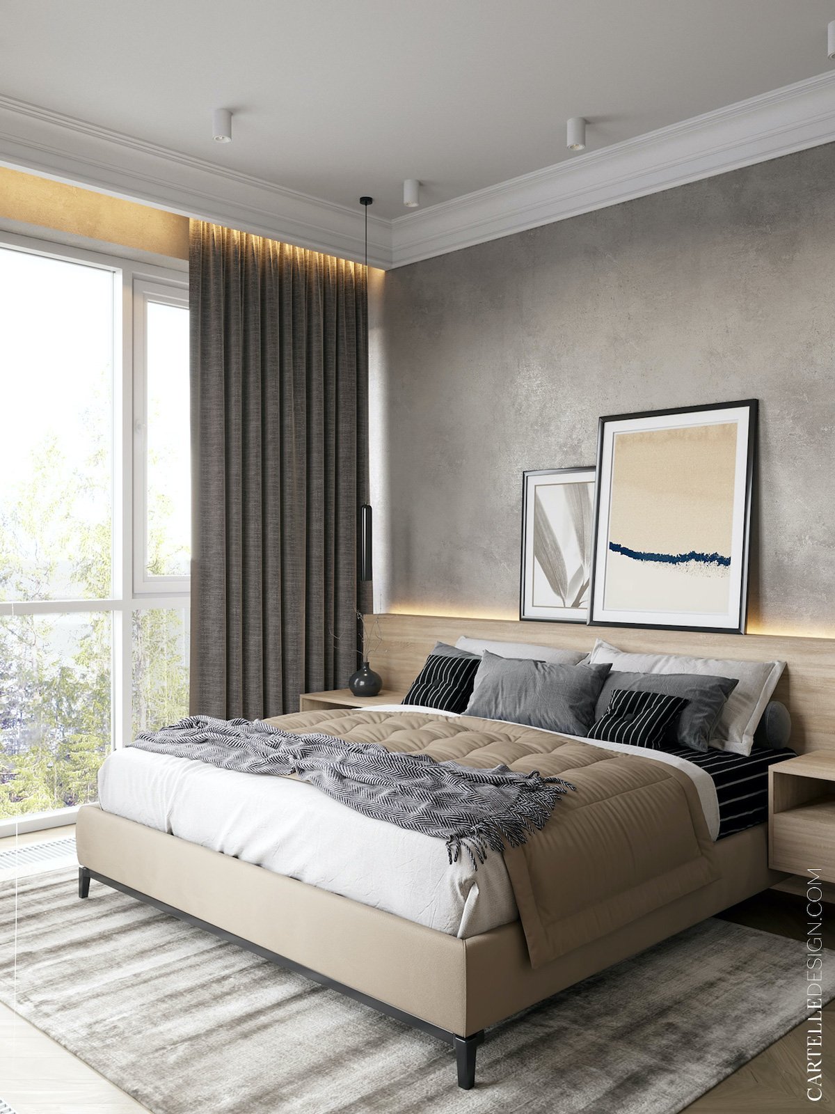 maison à Saint-Pétersbourg chambre amis grise bois mur béton ciré tête de lit design moderne cosy hygge