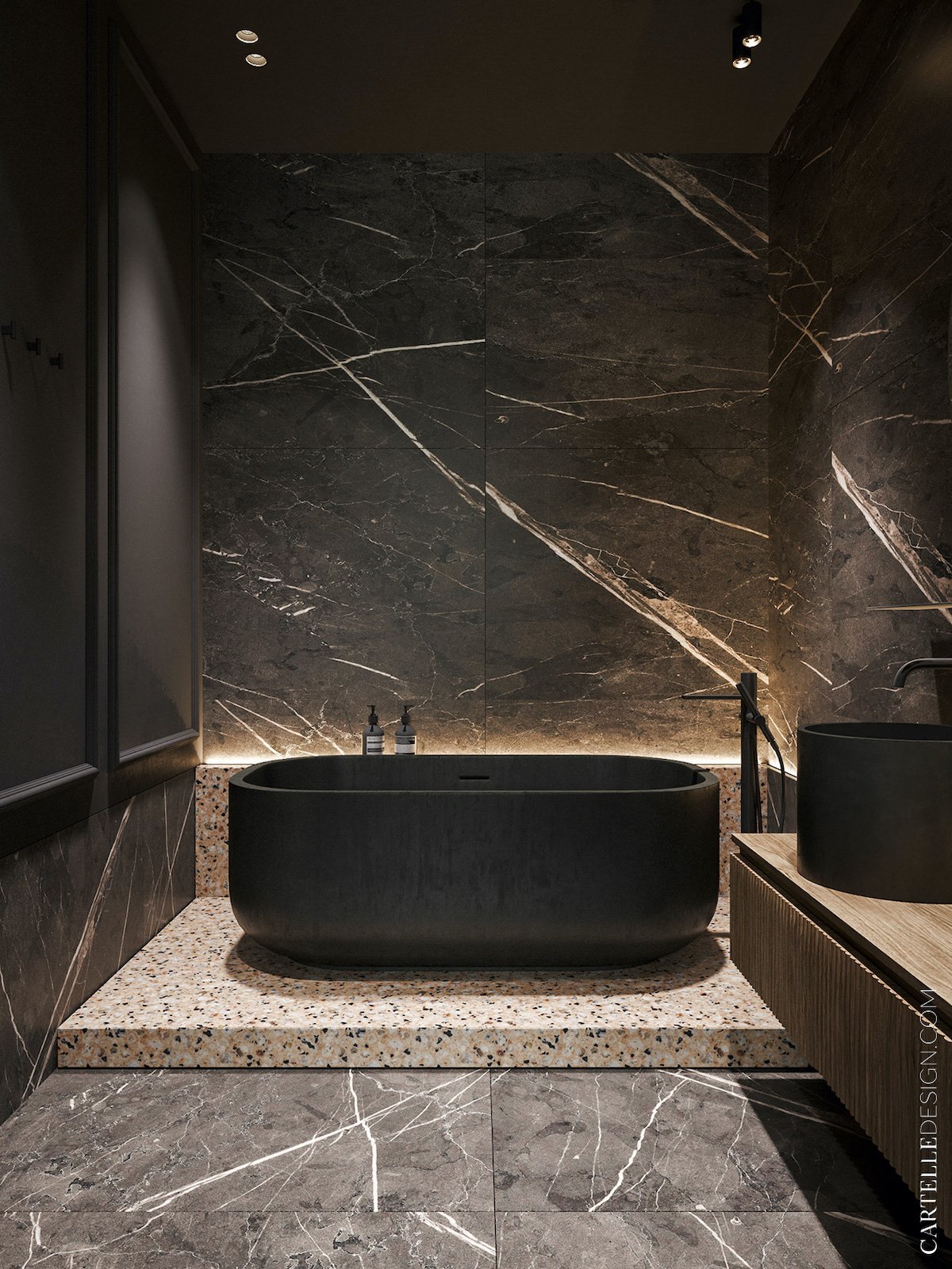 salle de bain noire baignoire ilot marbre noir sol terrazzo rose - clem around the corner