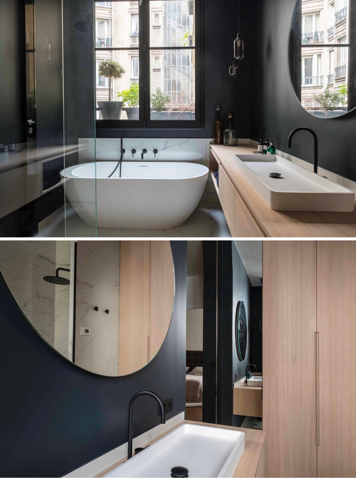 sallle de bain noire mur plafond placard bois agence Véronique Cotrel.001