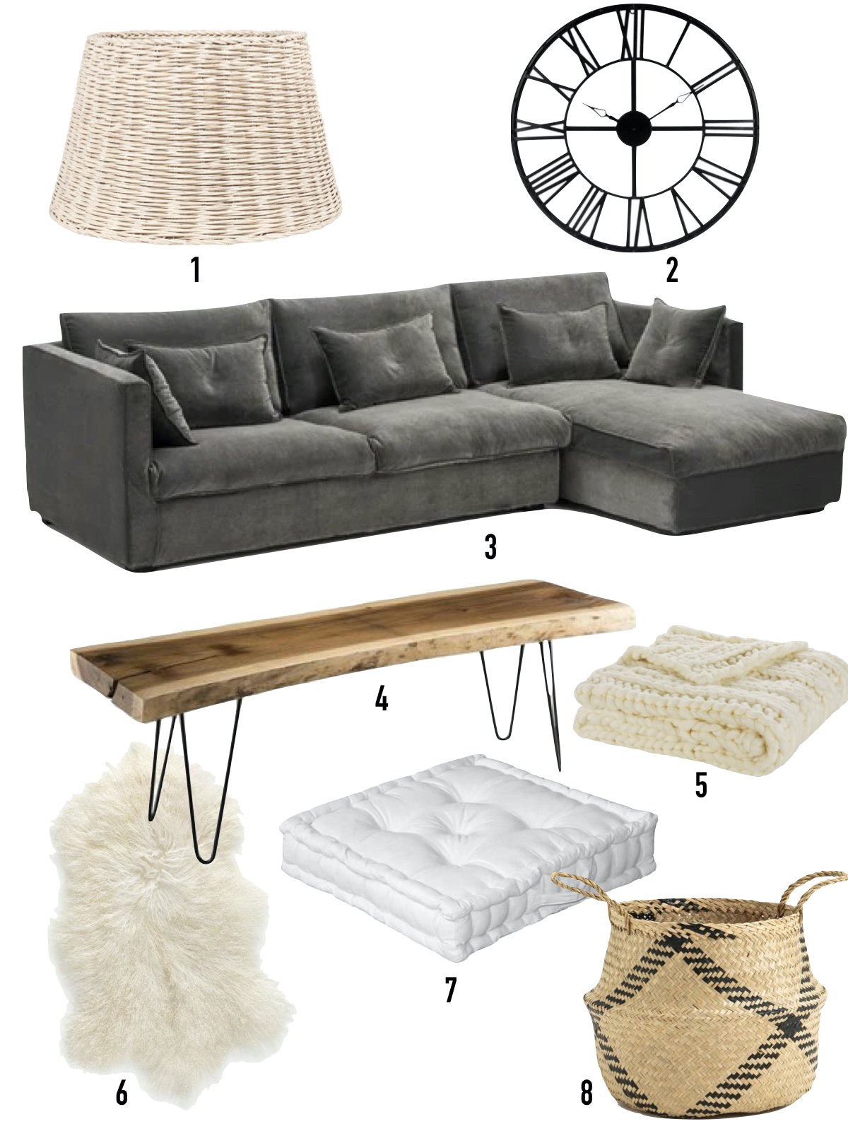 Déco by Paolina canapé velours gris suspension rotin banc bois cache pot coussin sol