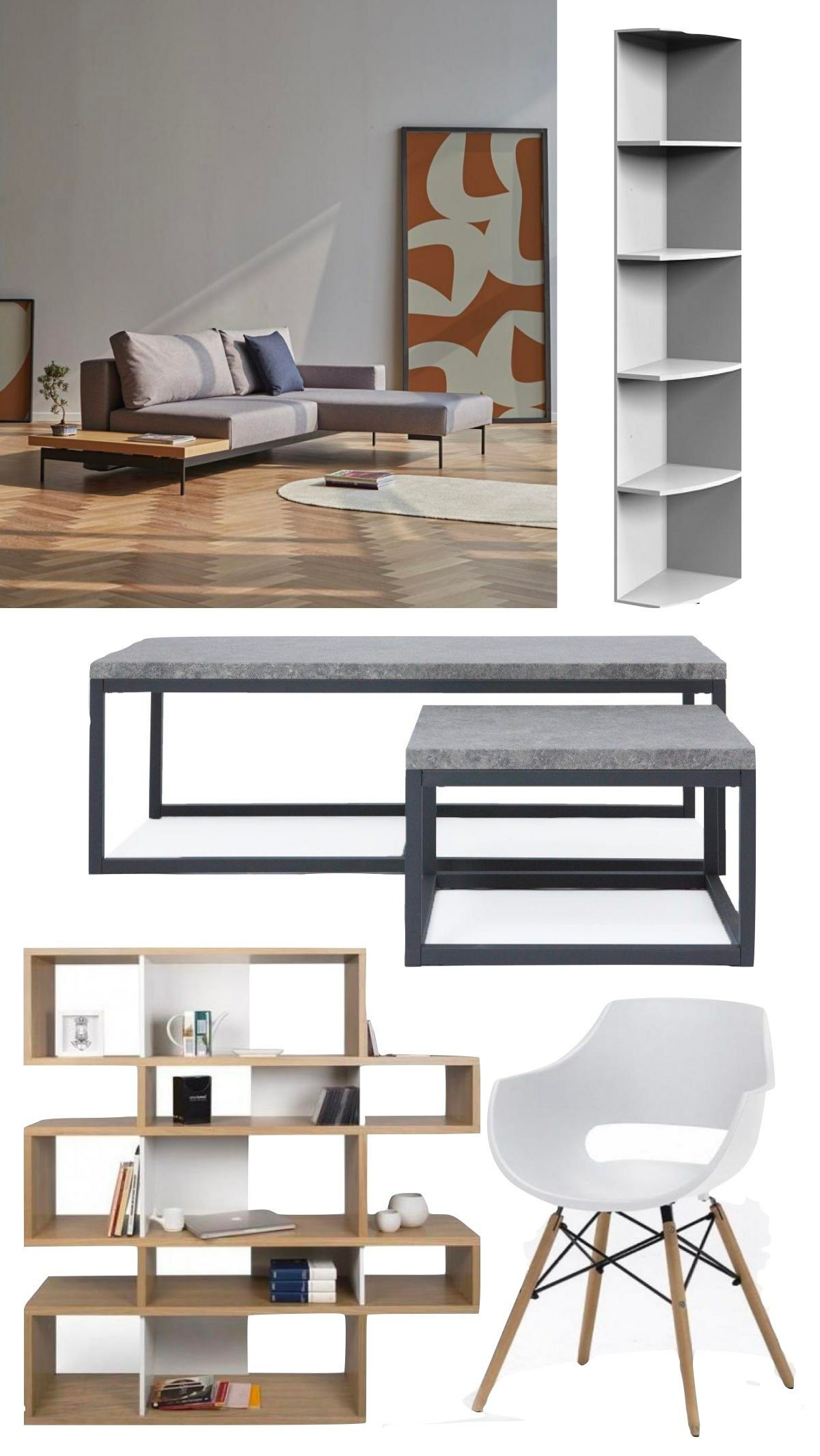 aménagement meuble salon pas cher canapé lit style loft table basse béton plateau pied métal noir rectangle