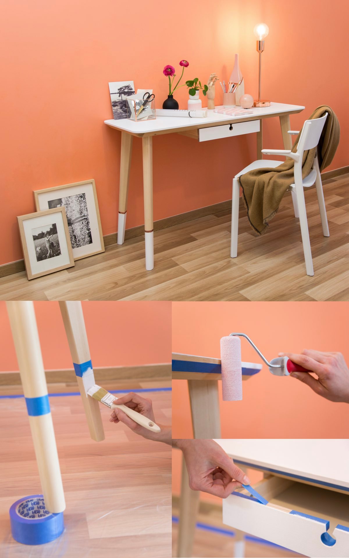 chambre mur orange pêche bureau bois blanc repeindre customiser peinture diy