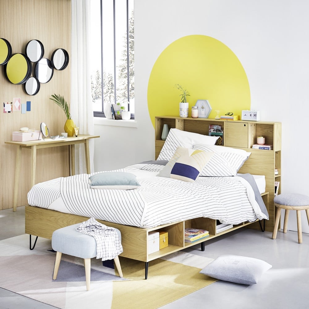 tête de lit avec rangement scandinave chic bois chambre rond peinture jaune murale chambre ado fille