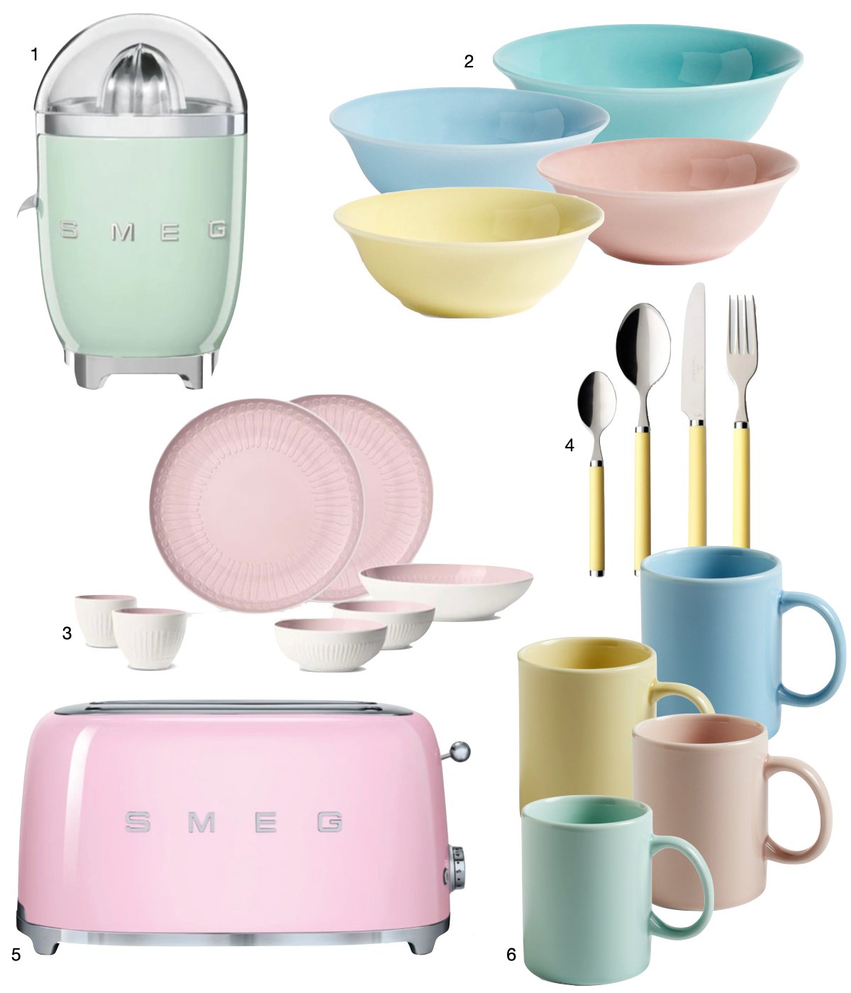 ustensile cuisson petit déjeuner couleur retro grille pain smeg assiette tasse