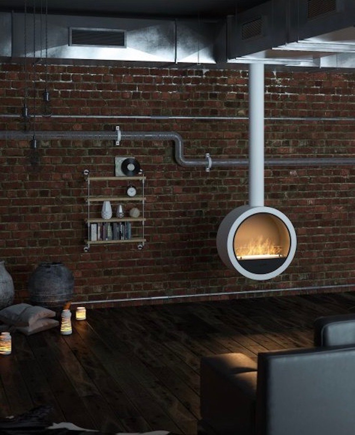 cheminée blanche mur de briques rouges salon design