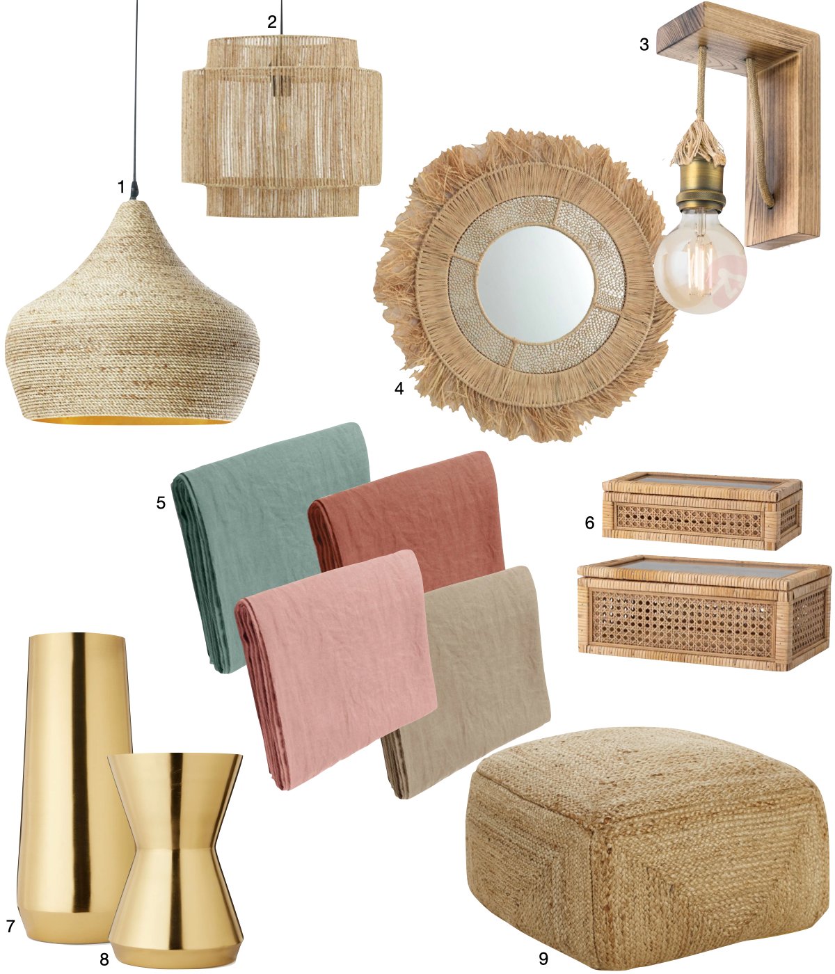 déco couleur chanvre linge de lit vase laiton miroir frange en raphia suspension