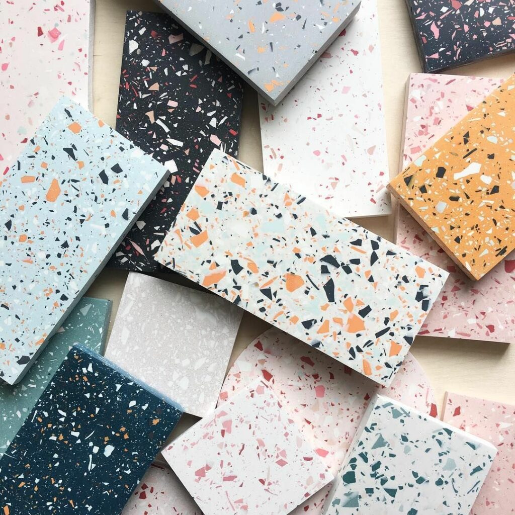 fragment carreaux granito terrazzo coloré rose bleu blanc orange décoration intérieure blog clematc