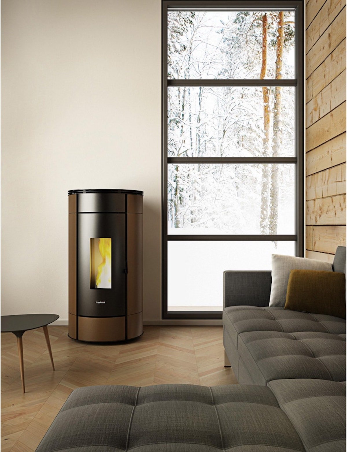 poêle à granule marron noir canapé gris table basse rétro