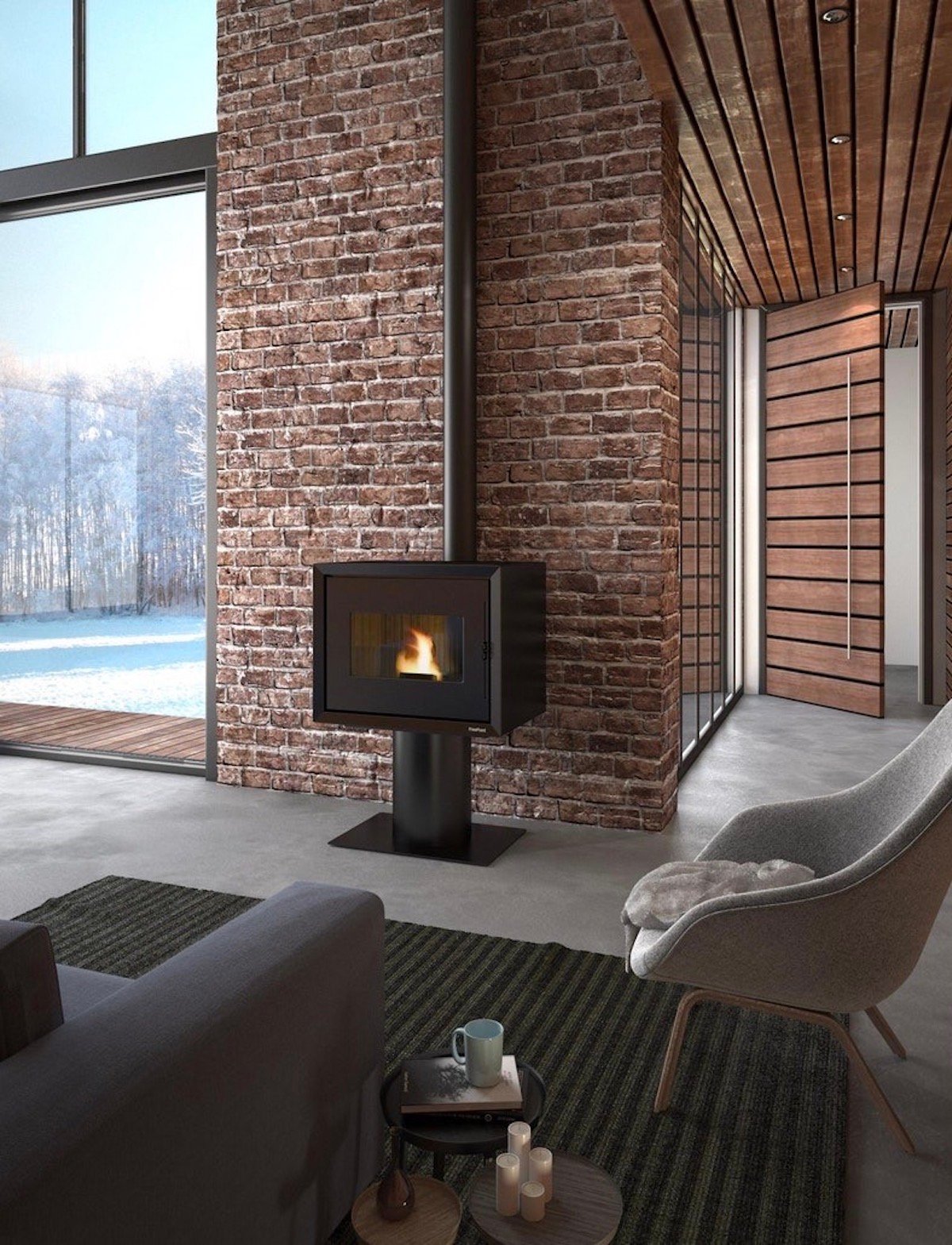 poêle à granule salon mur de briques fauteuil scandinave