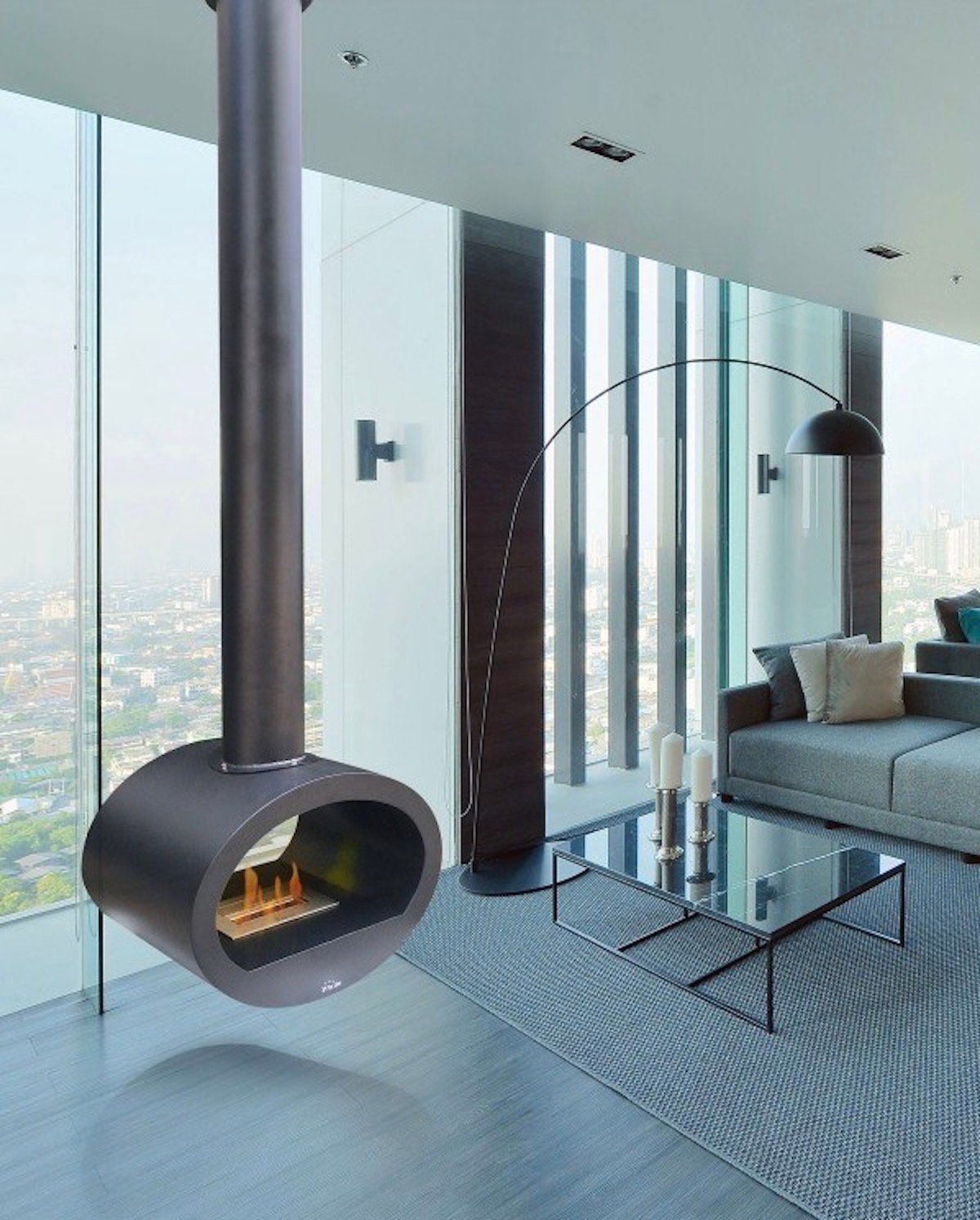 poêle ovale suspendu salon spacieux design - blog déco - clematc