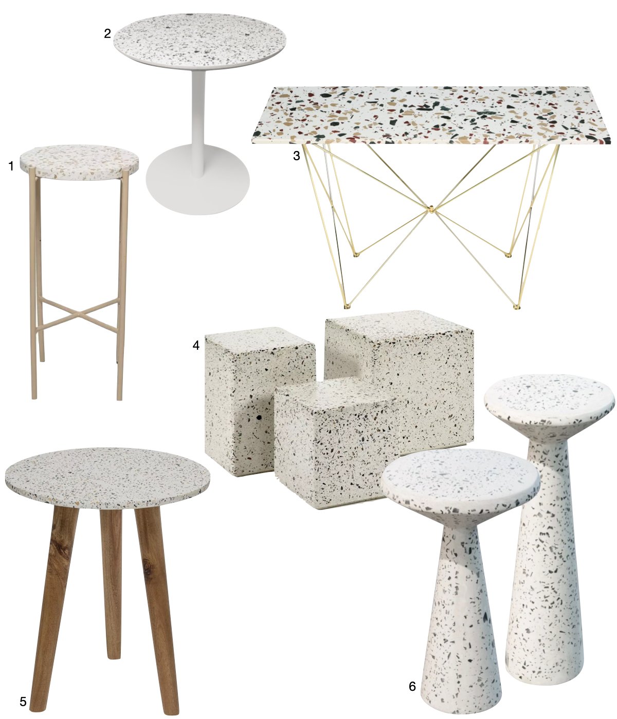 table ronde carrée rectangle granito terrazzo blanc pieds bois béton laiton