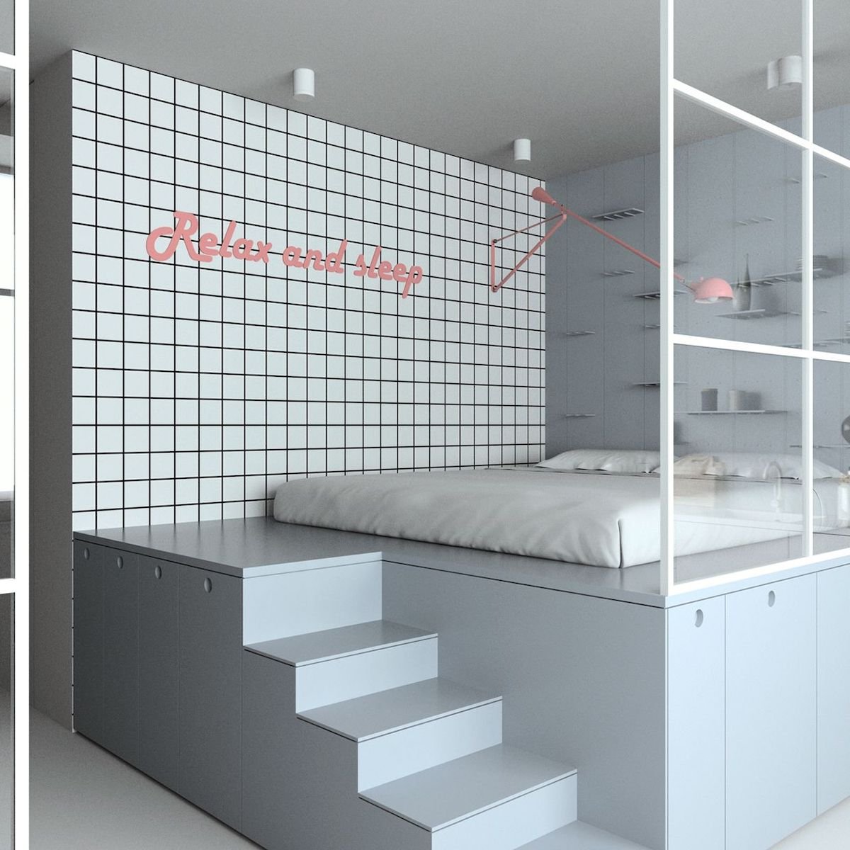 lit estrade gris clair mur carreaux blancs décoration murale rose blog clematc