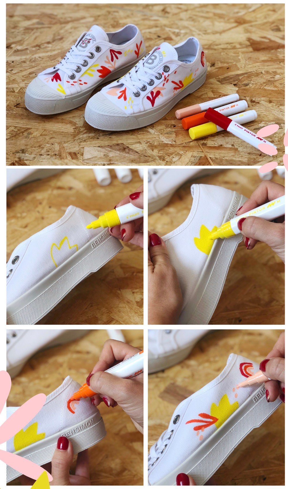 personnaliser tennis basket blanche en toile dessin feutre feuille