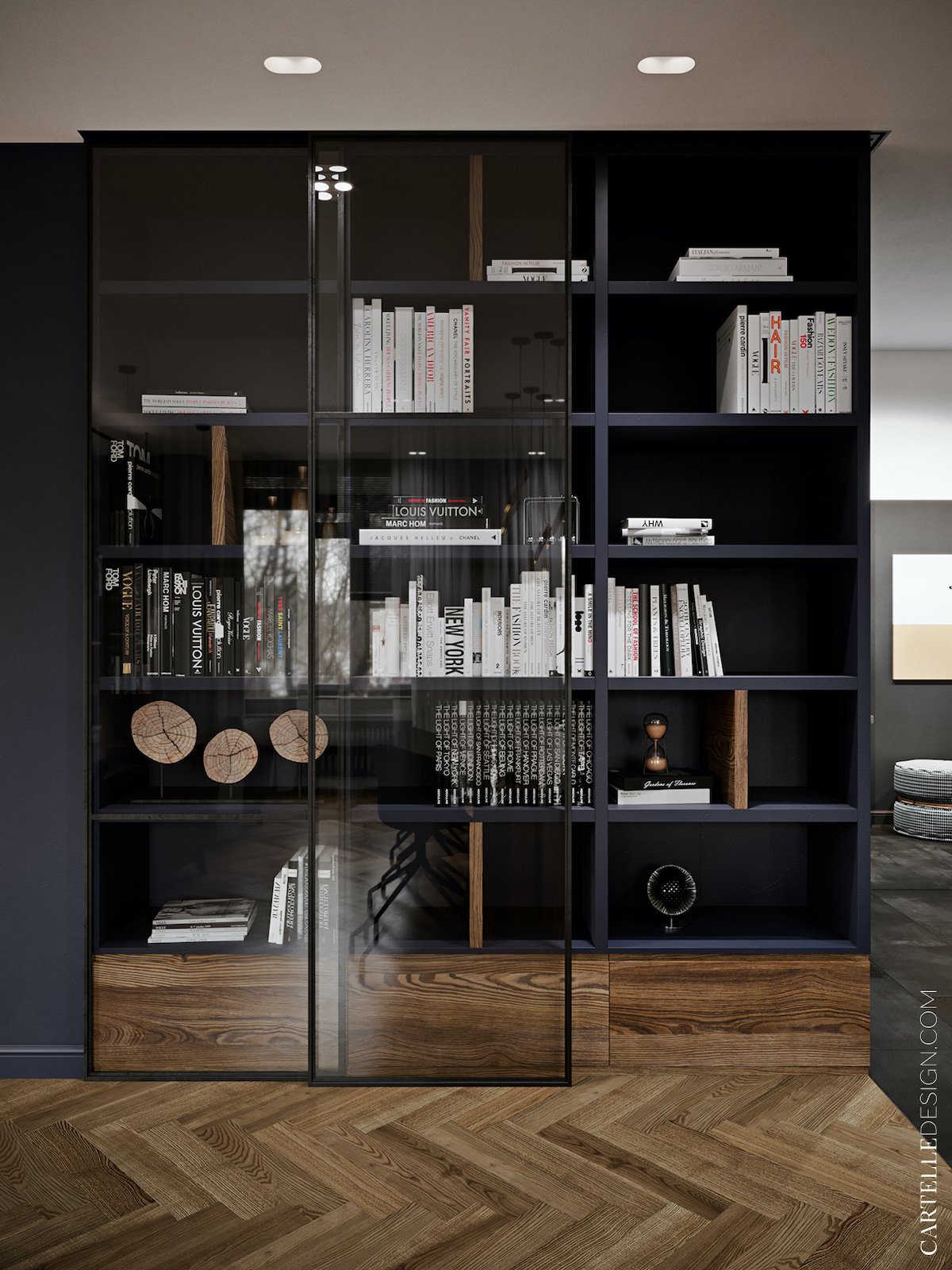 bibliothèque murale bleu foncé sur-mesure vitrine intégrée - blog déco