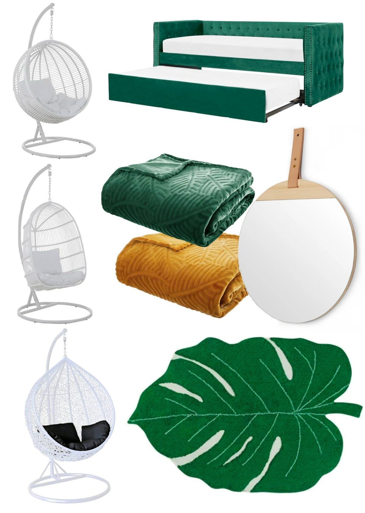 chambre enfant ado thème nature fauteuil suspendu tapis feuille vert foncé