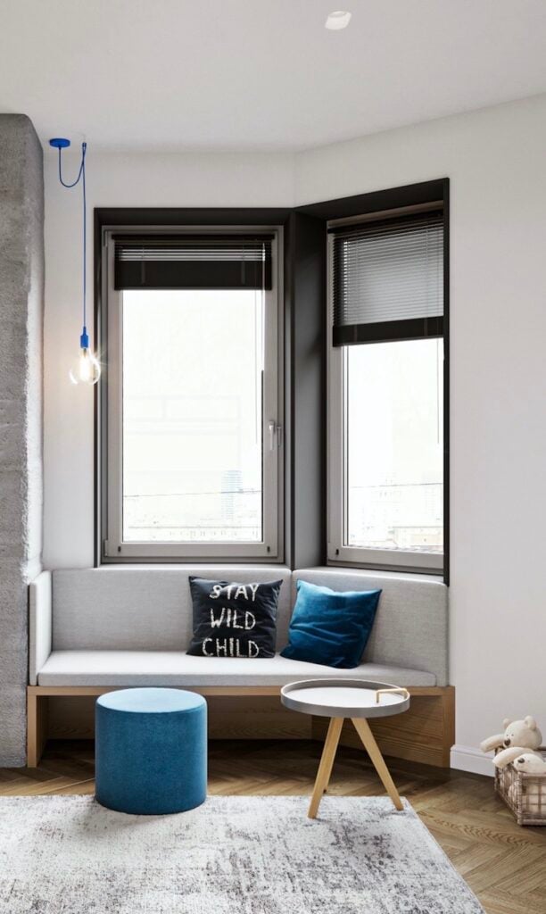 chambre enfant coin lecture banc sous fenêtre appartement 3 pièces