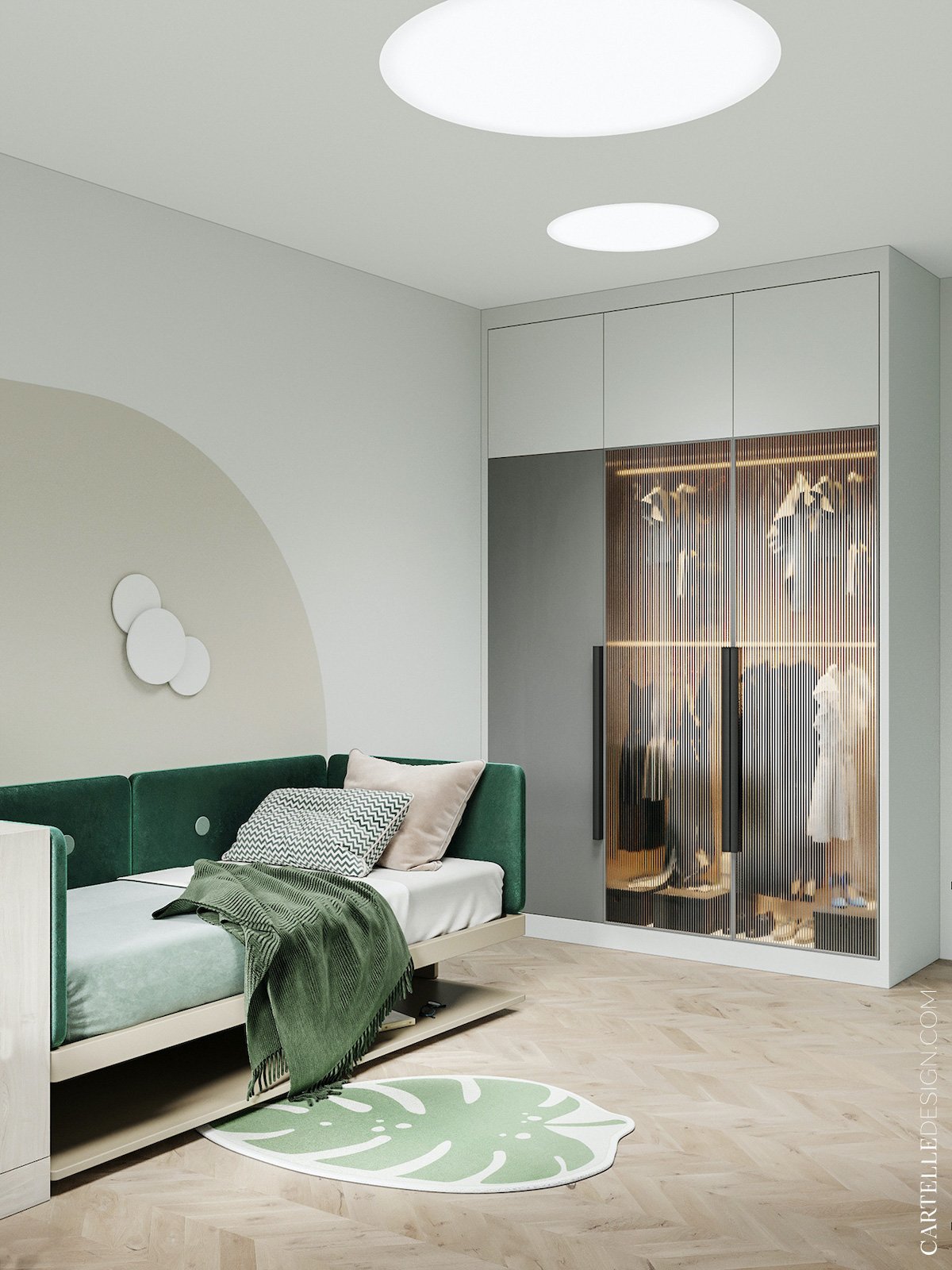 chambre enfant déco gris bois verte placard transparent décoration nature