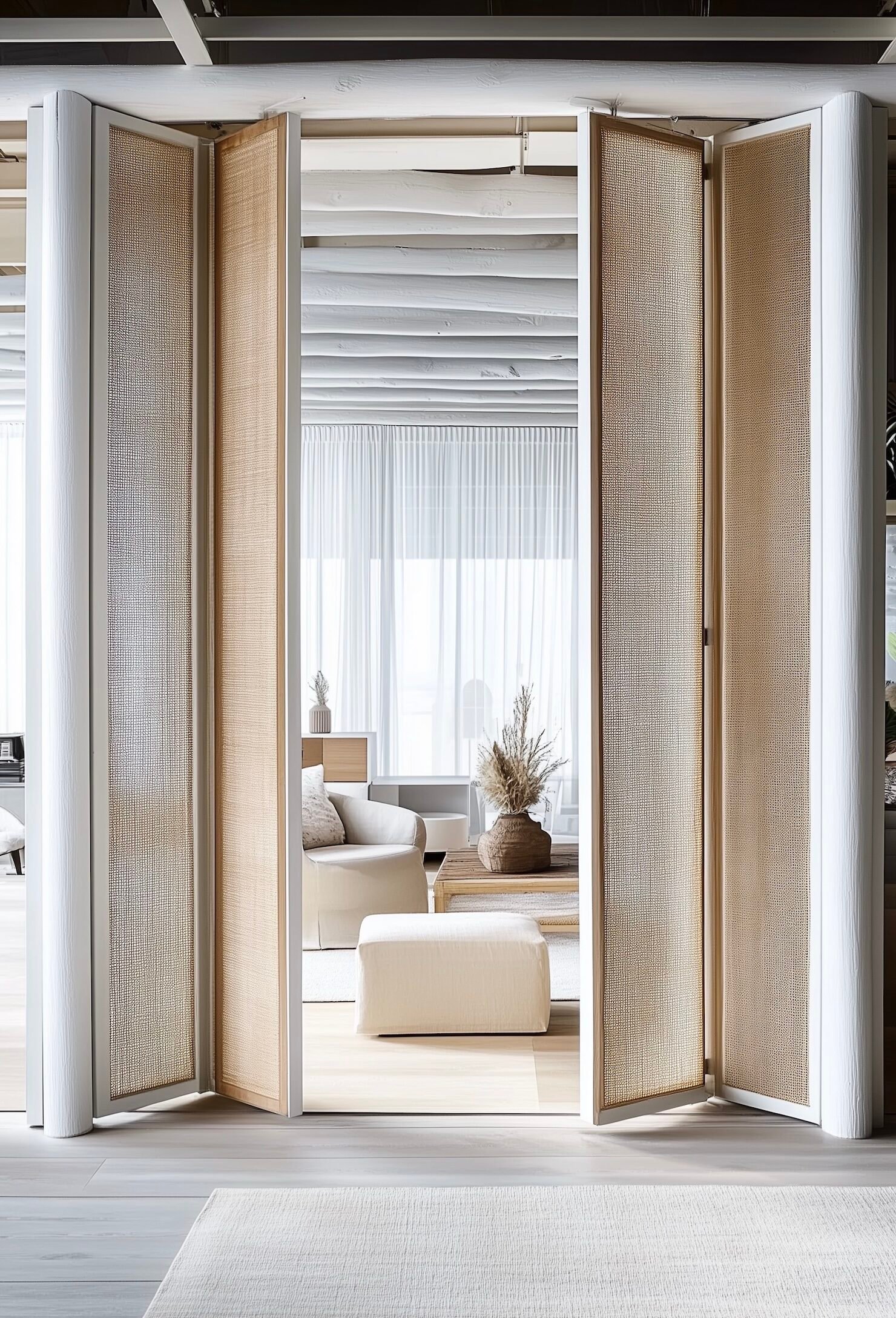 cloison amovible panneaux cannage bois peint blanc