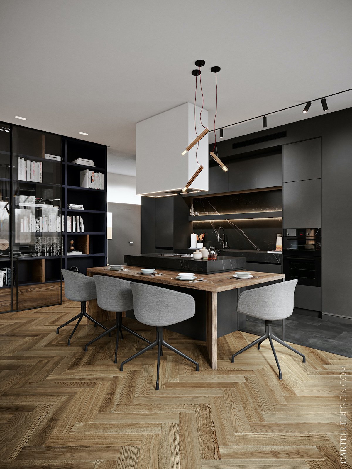 cuisine noire marbre ouverte ilot central cuisson bar table bois foncé