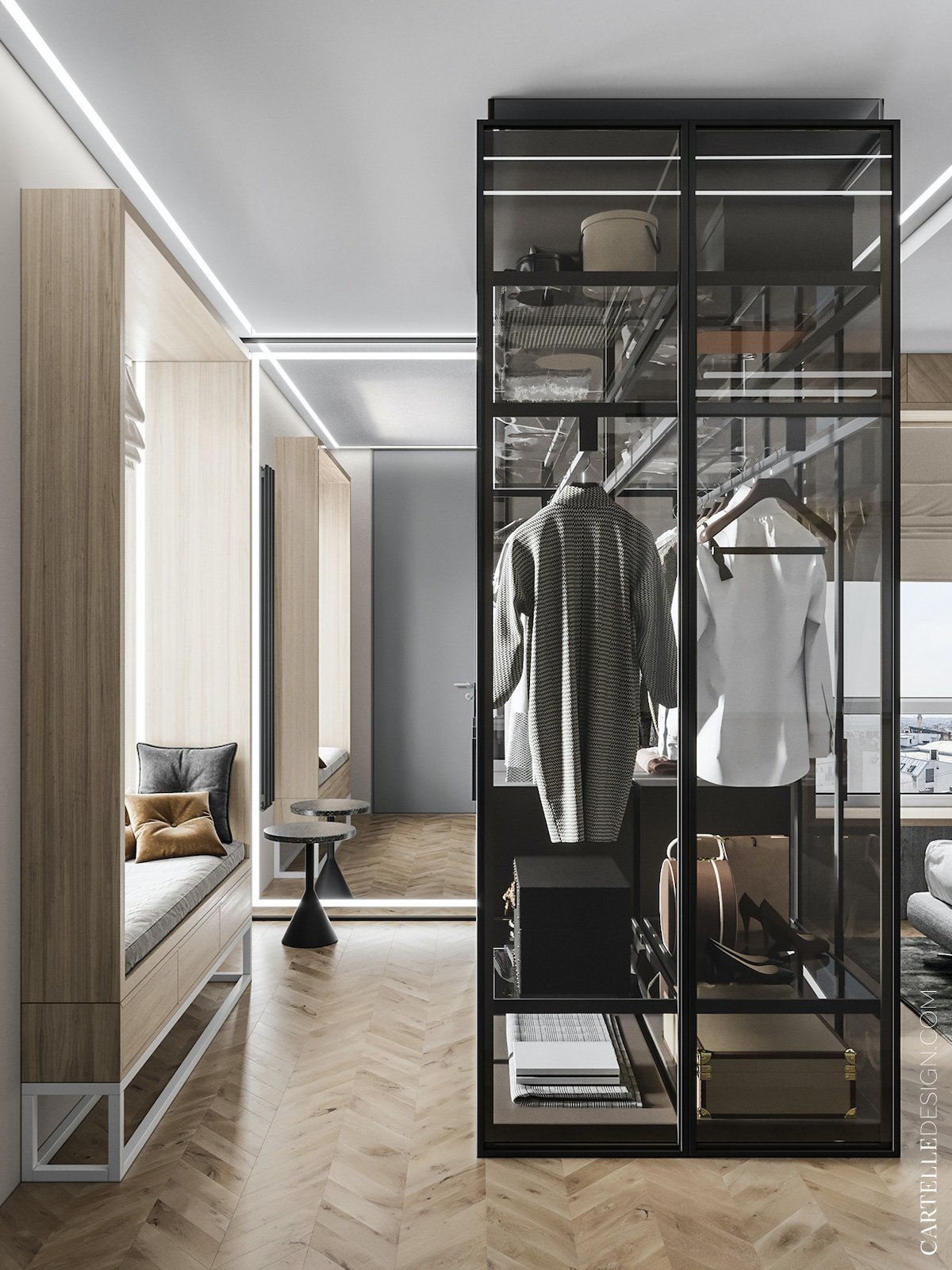 dressing pièce rangement vêtement façon exposition verrière meuble transparent banc essayage fenêtre