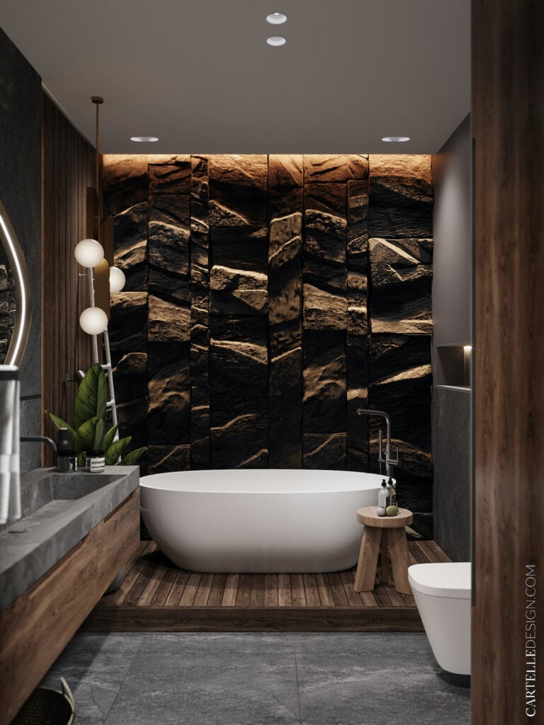 salle de bain gris bois foncé baignoire blanche ilot