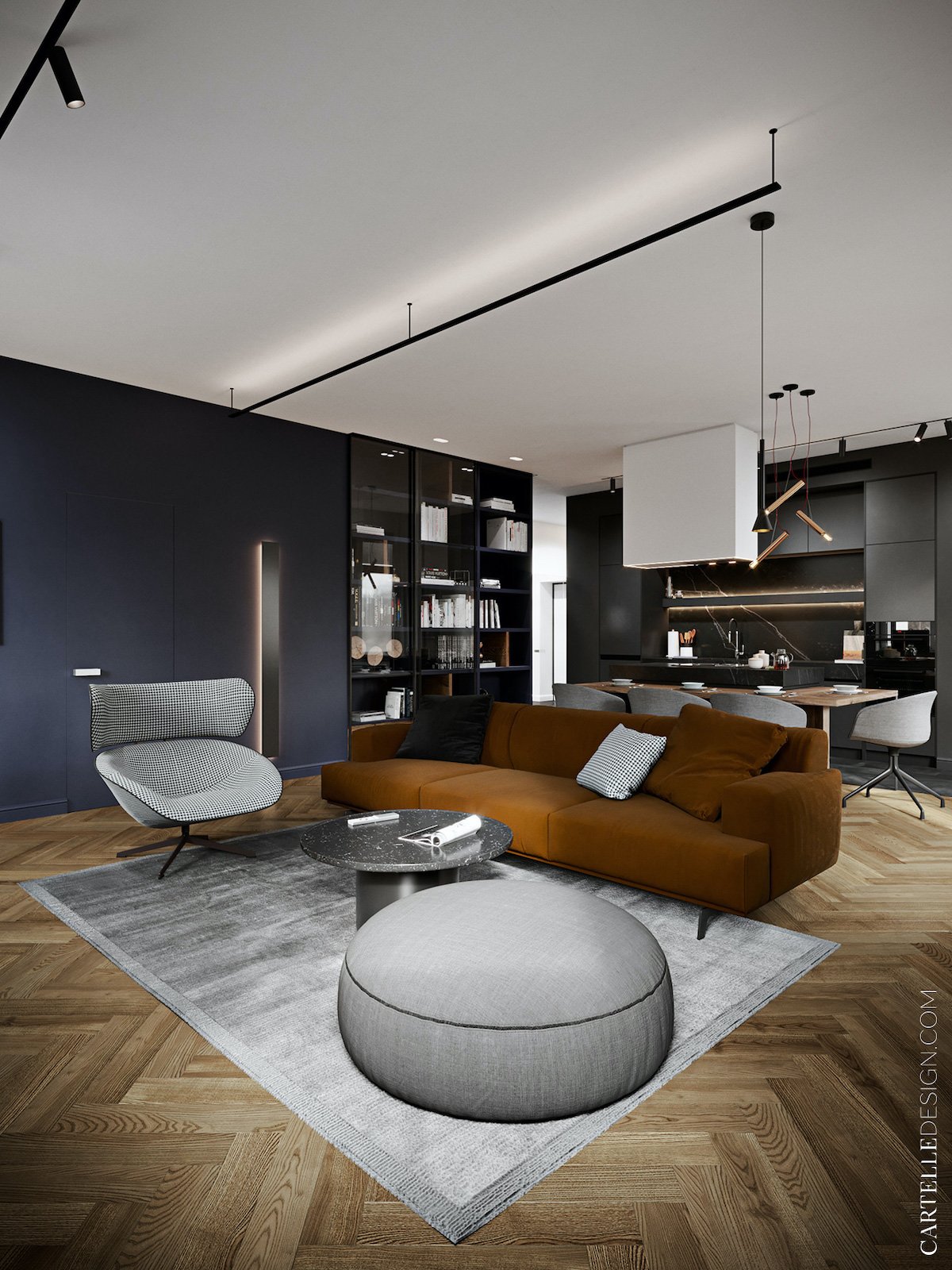 salon moderne mur bleu foncé canapé camel fauteuil pied de poule