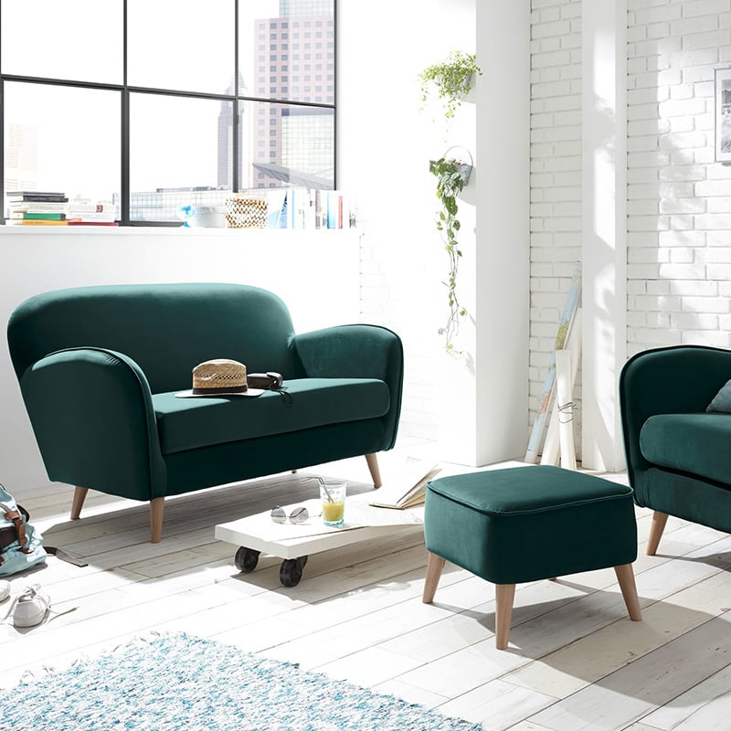 petit canapé rond pieds bois vert sapin style retro parquet bois lame blanc blog deco