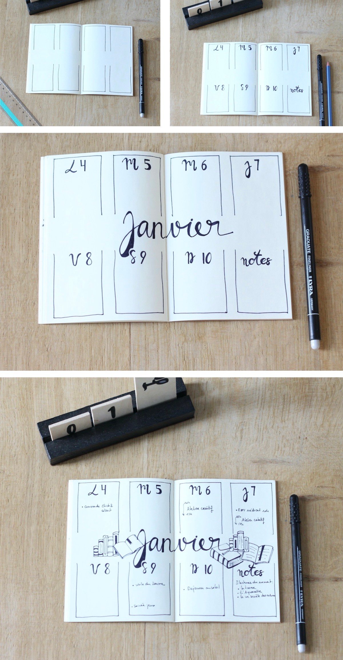 bullet journal 2021 thème lecture livre noir blanc