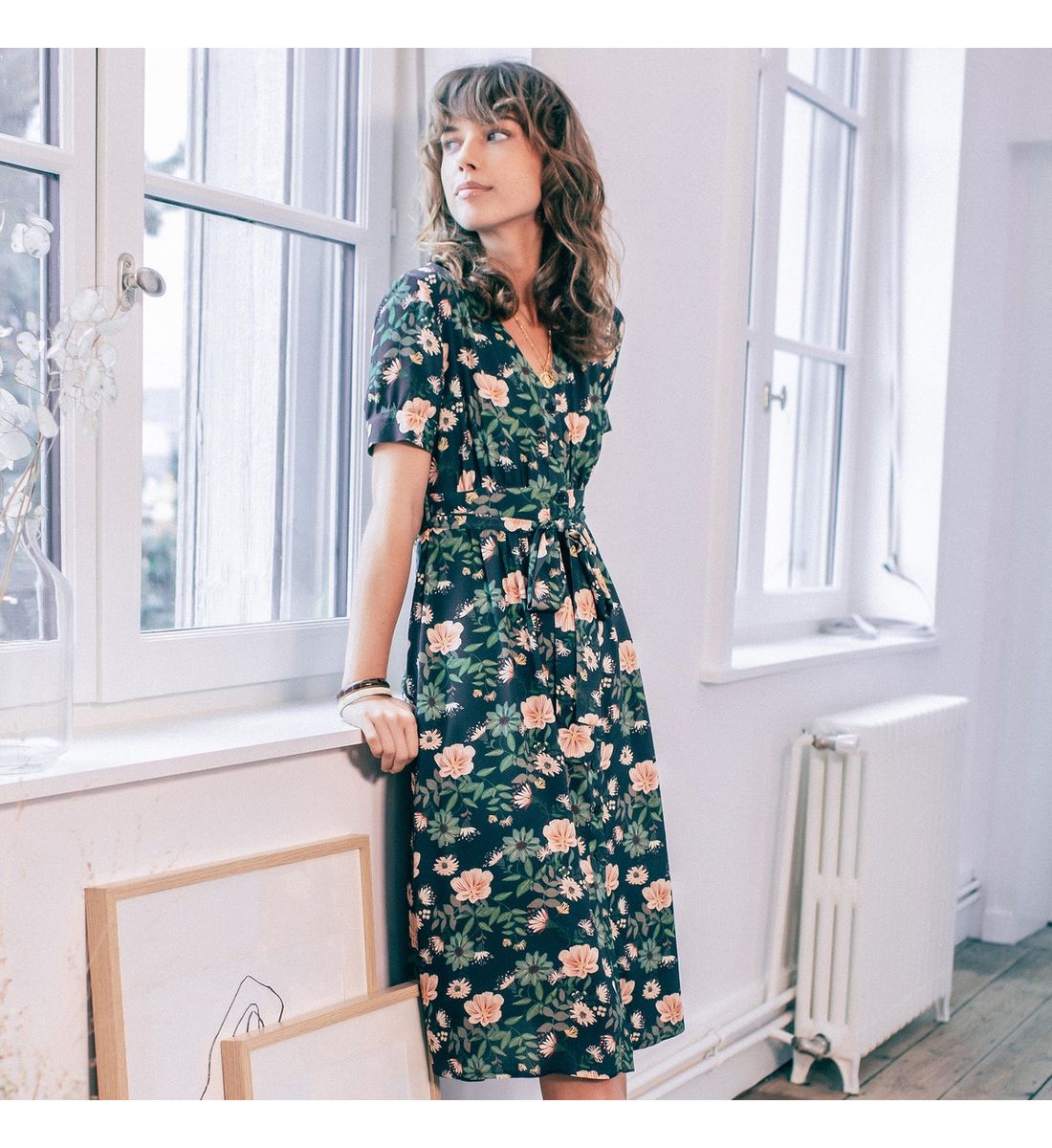 robe fleur seconde main reboucle retro verte rose