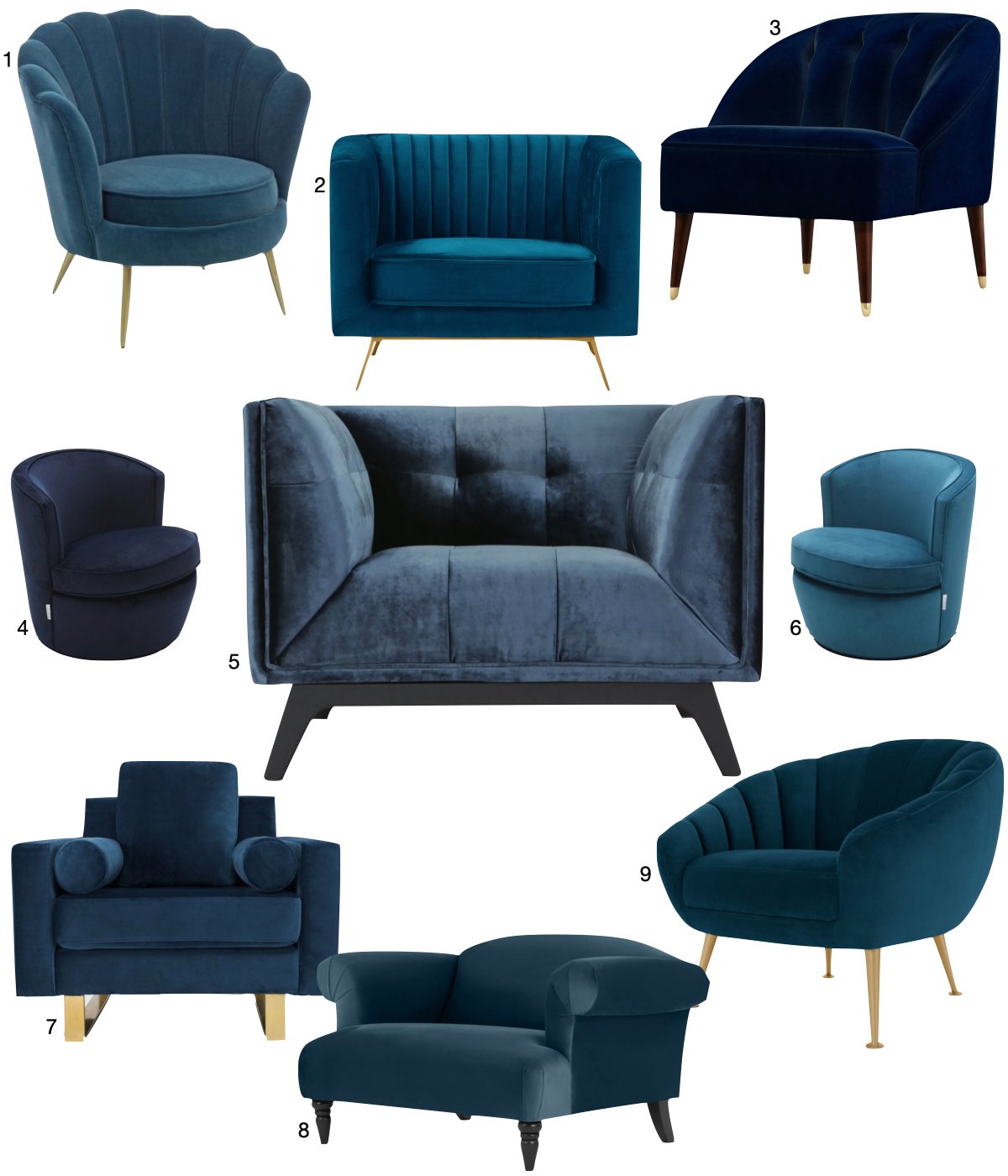 fauteuil bleu velours rond carré pieds laiton bois