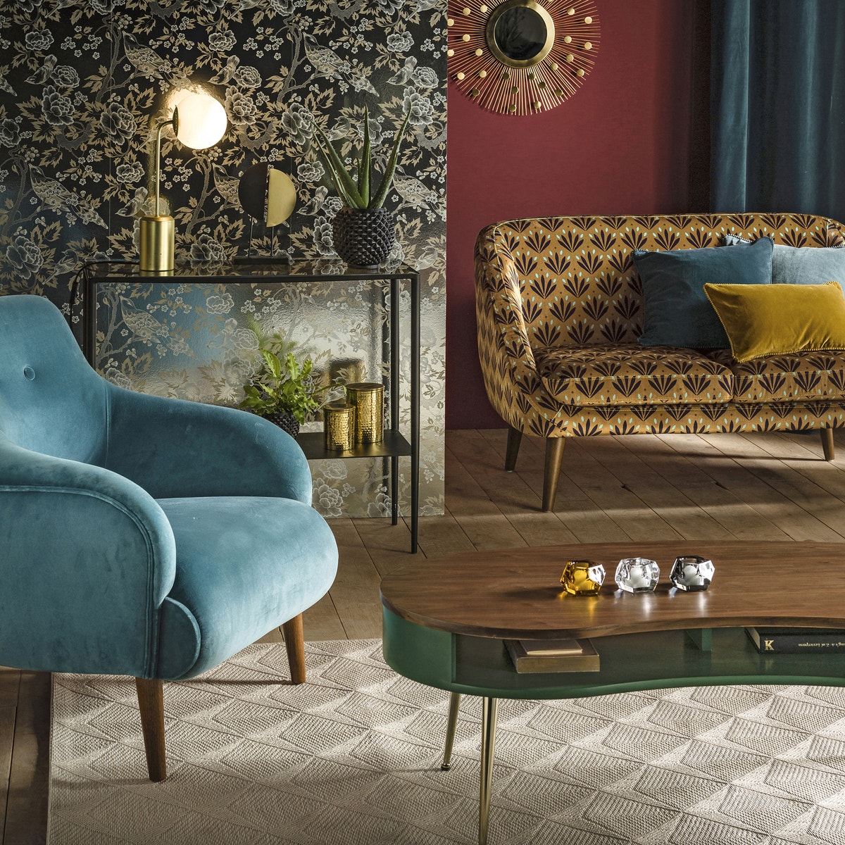 fauteuil velours bleu rond capitonné salon tendance art déco rétro