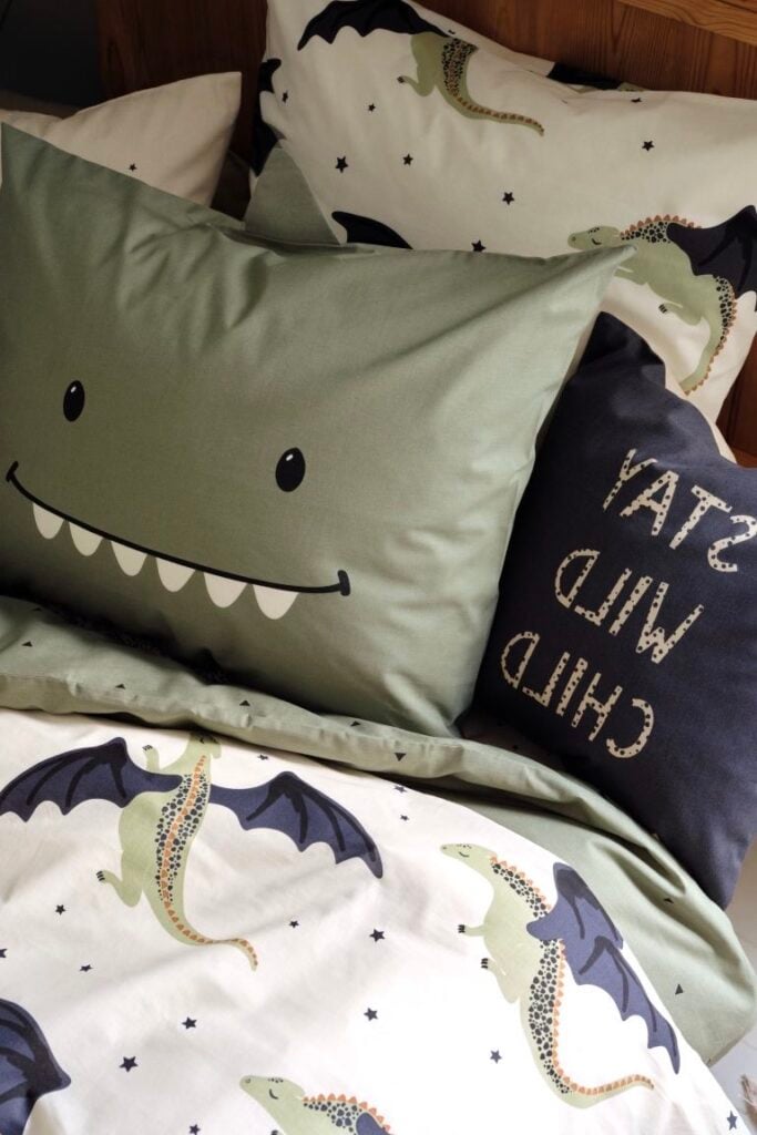 housse couette enfant dinosaure dessin kaki verte chambre