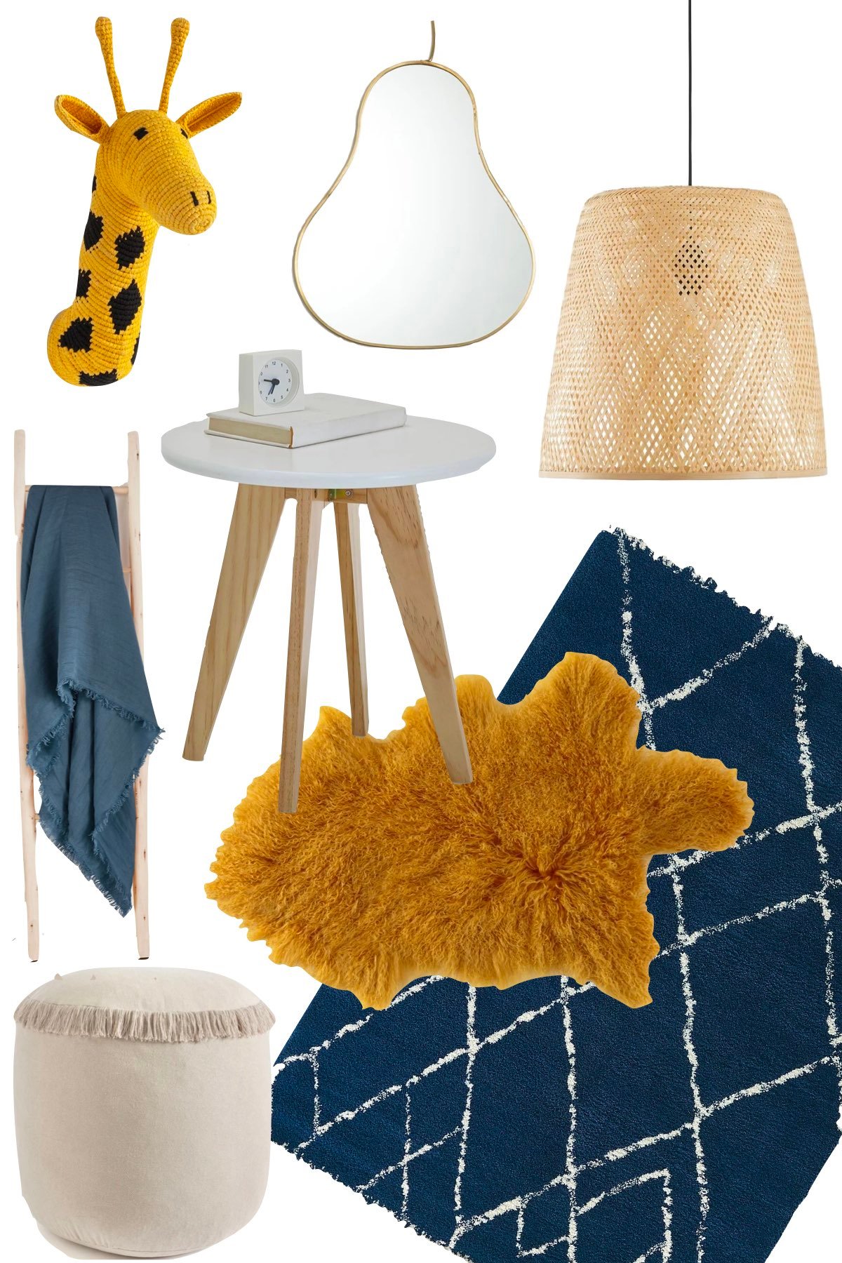 idée déco chambre enfant bleu jaune moutarde tapis berbère