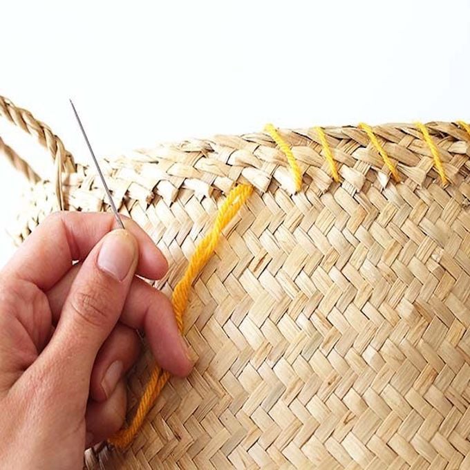 laine jaune orange panier de rangement rond DIY fait maison