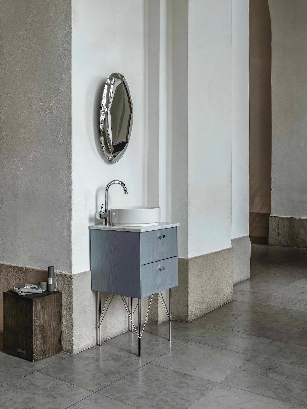 meuble vasque salle de bain étroit bois bleu