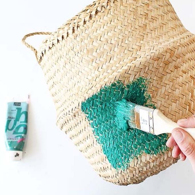 peinture vert pinceau bois panier de rangement rond DIY rapide et facile