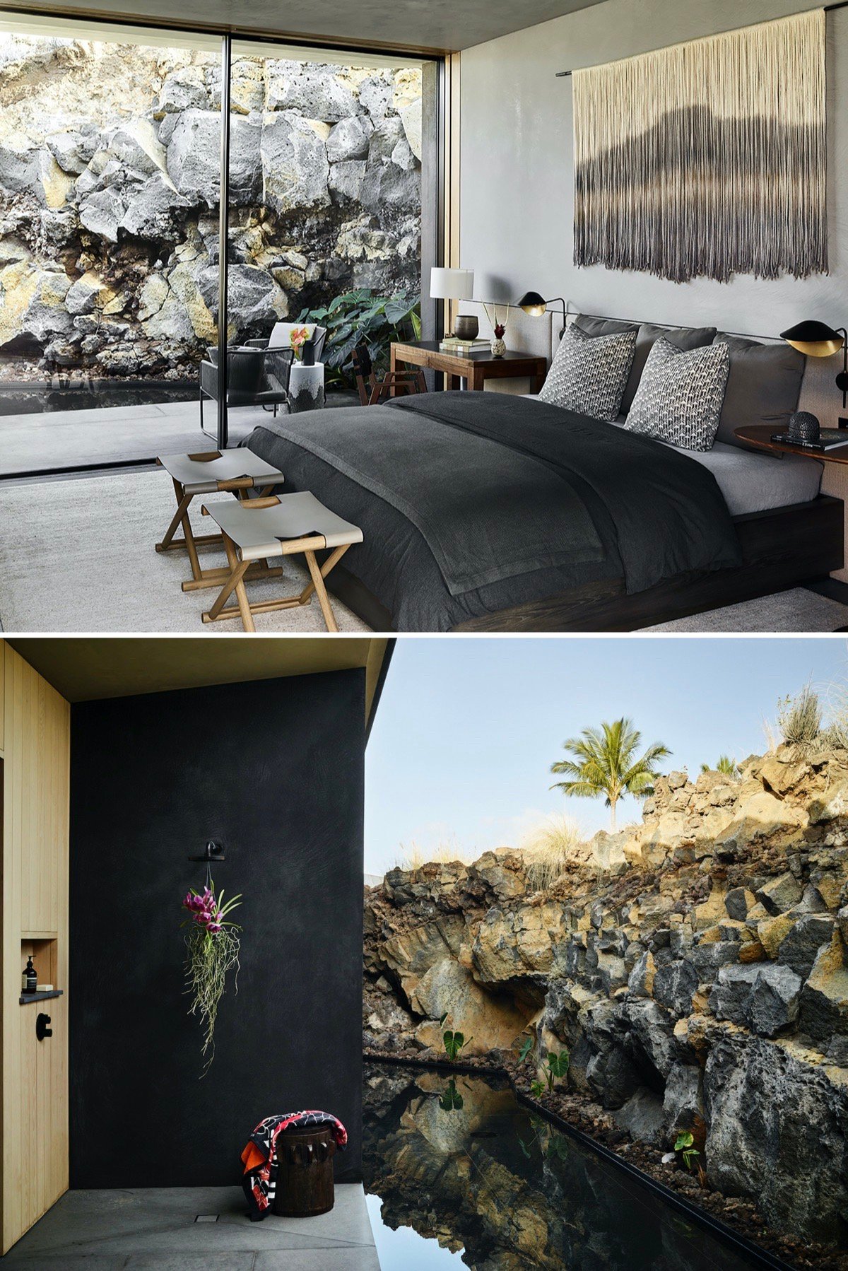 chambre noire décoration neutre douche extérieur indonésienne