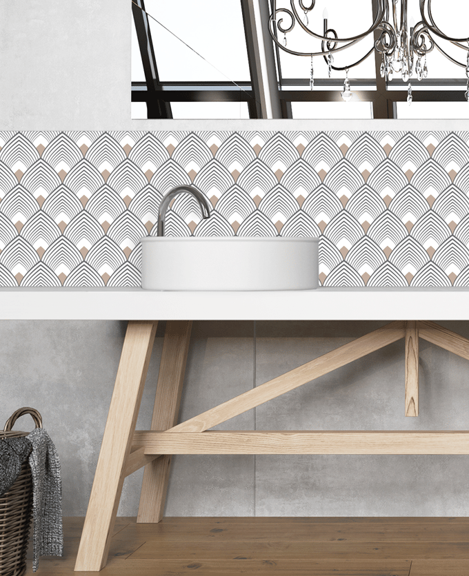 fresque salle de bain motif art deco gris noir beige double vasque