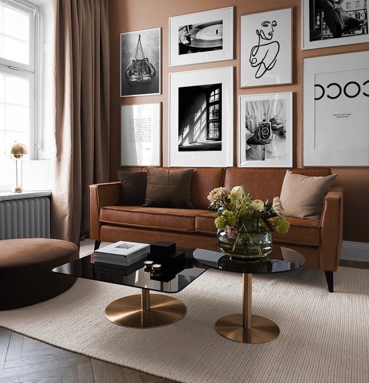 salon marron terracotta mur cadres noir blanc