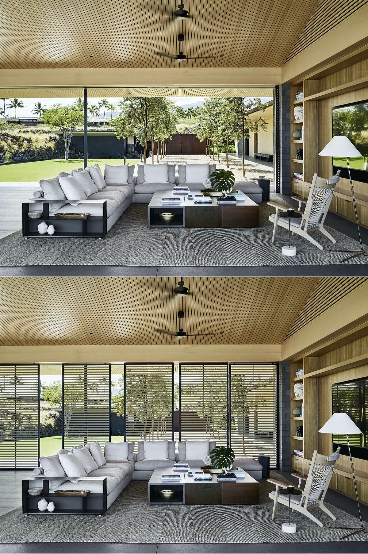 salon panneau bois cèdre meuble acajou moderne