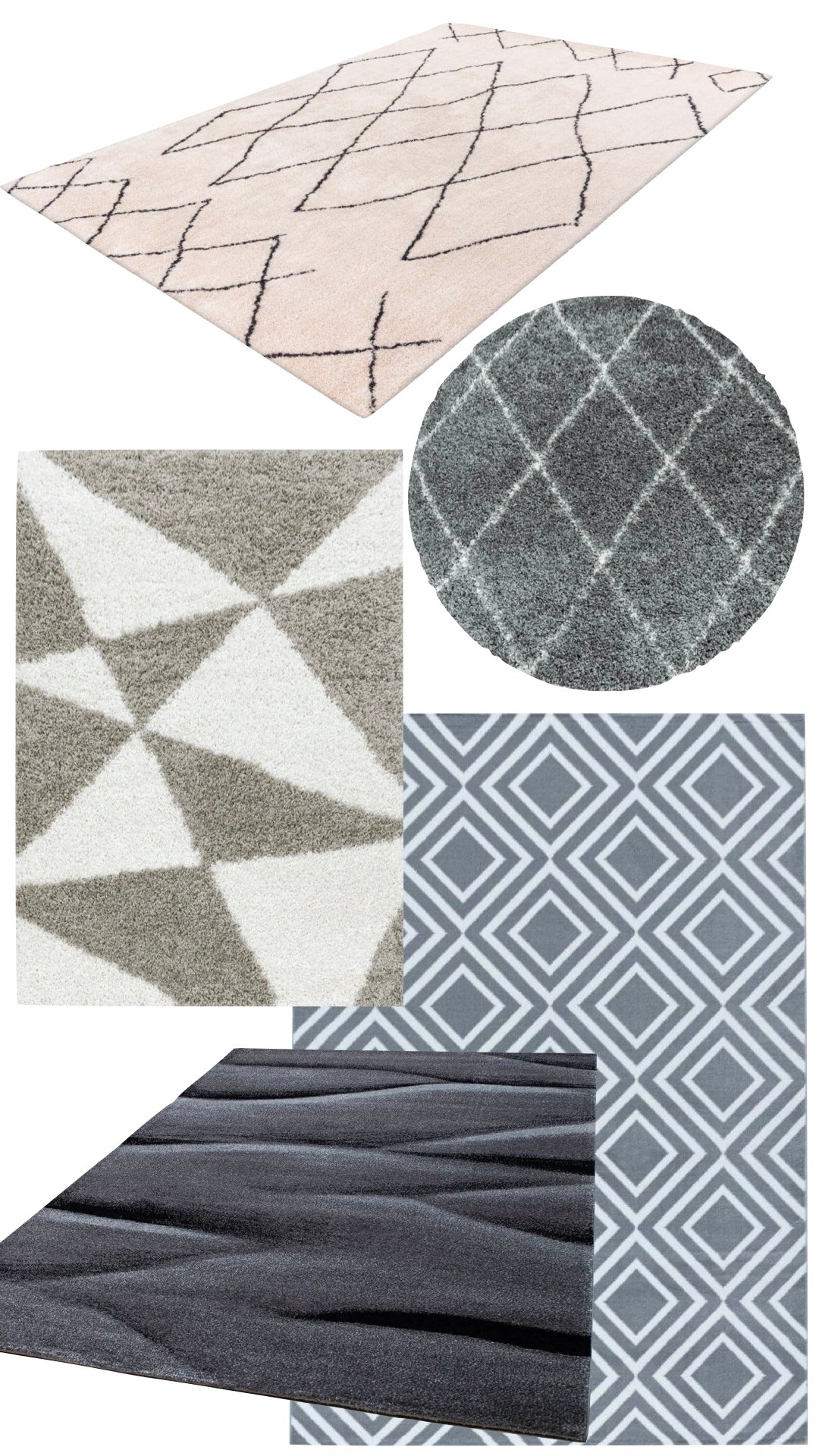 tapis graphique blanc gris moelleux shaggy poil long rond