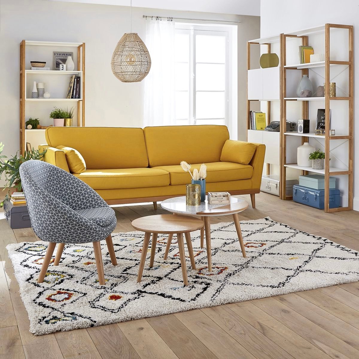 canapé lin jaune pastel décoration grise fauteuil fauteuil motif