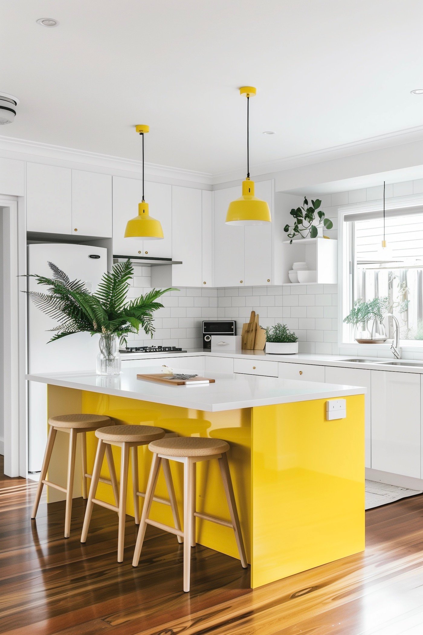 cuisine blanche laquée ilot central jaune soleil