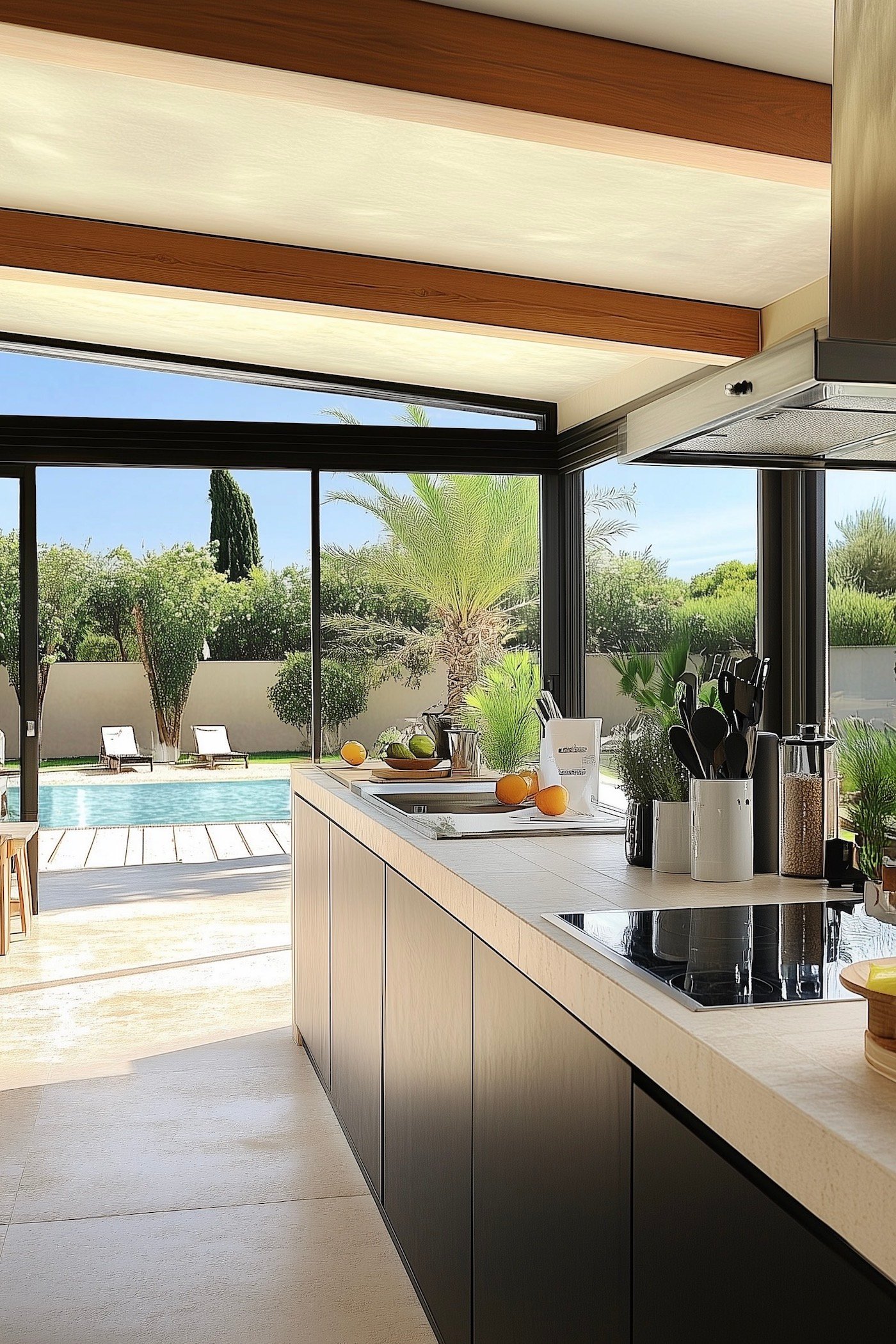 cuisine ouverte véranda piscine maison moderne