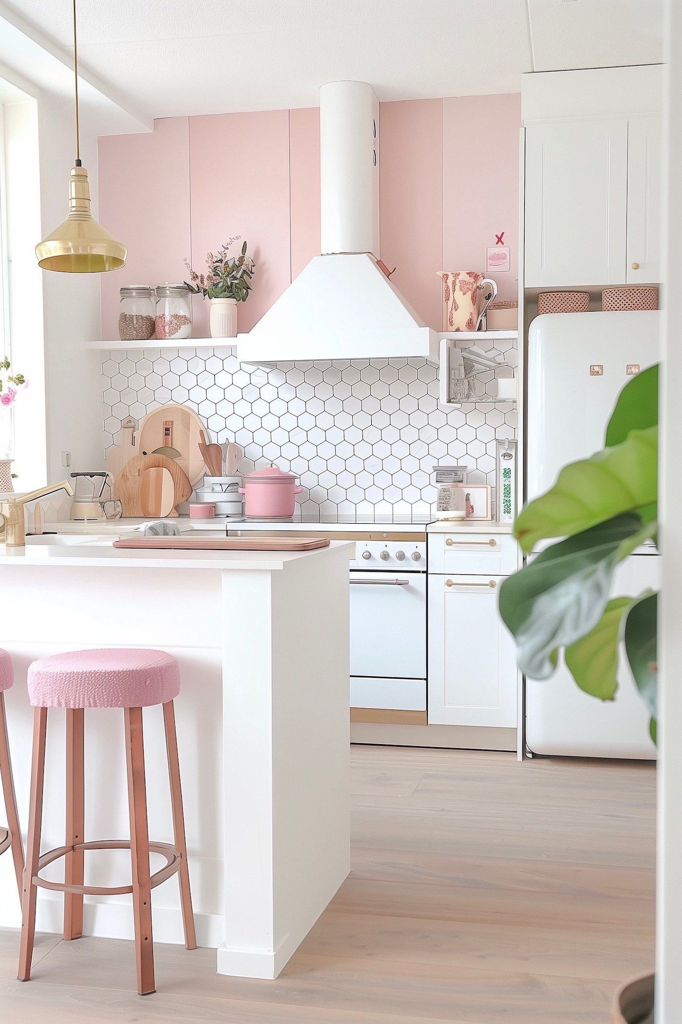 cuisine rose blanche carrelage hexagonale