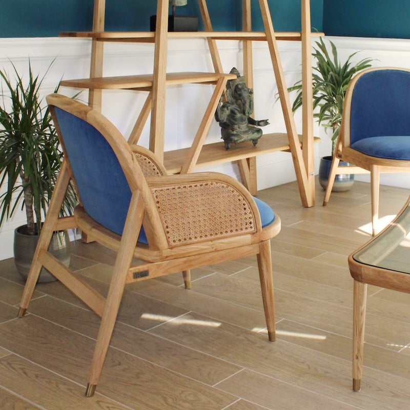 fauteuil marcel la redoute velours bleu cannage bois laiton style bord de mer