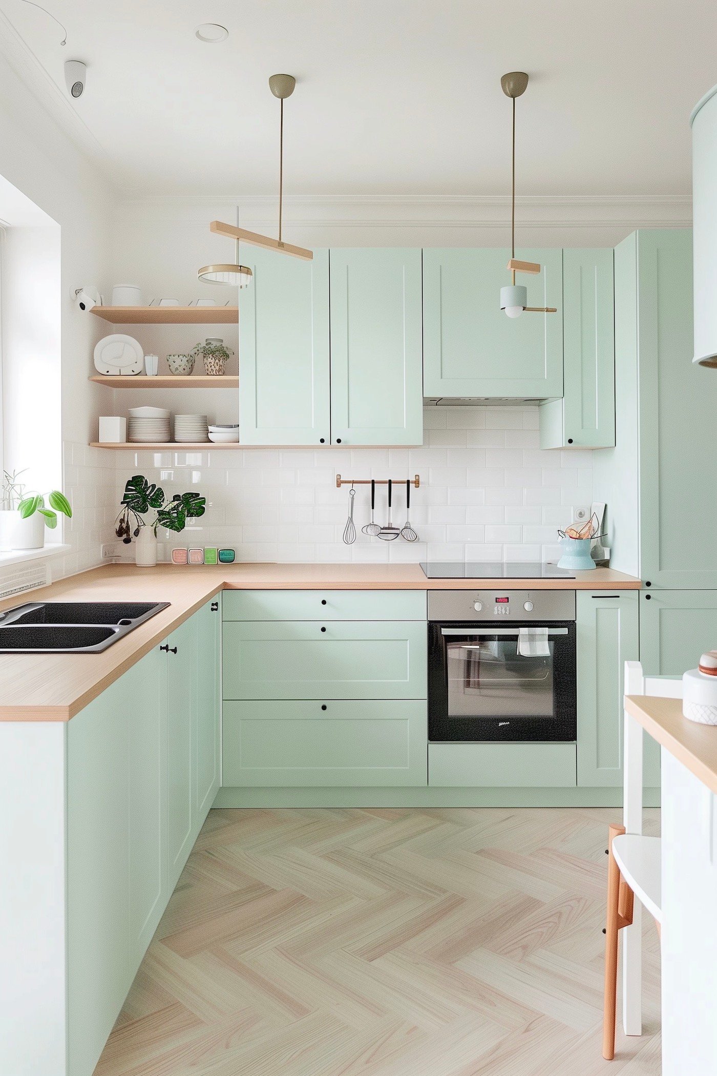 idée aménagement cuisine pastel bois vert clair en u