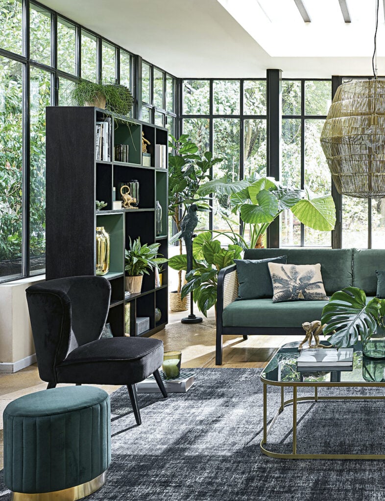 salon végétal urban jungle baie vitrée noire table basse laiton verre